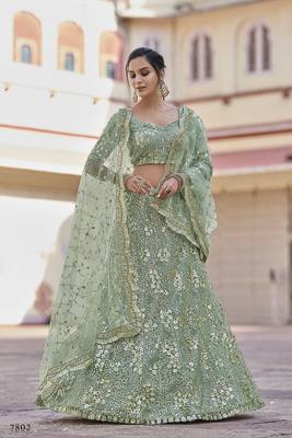 Green embroidered net semi stitched lehenga 1