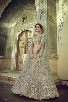 Green embroidered net semi stitched lehenga 1