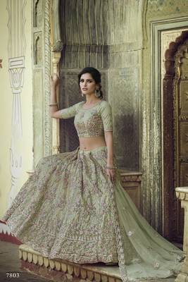 Green embroidered net semi stitched lehenga 3