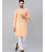 Men Peach Chikankari Embroidered Woven Design Straight Kurta With Pyjama