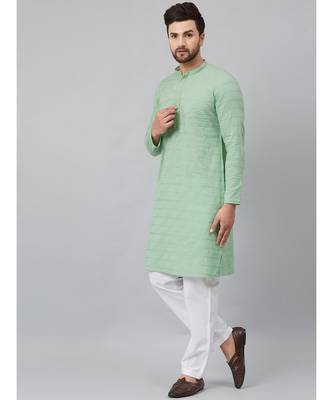 Men Green Chikankari Embroidered Woven Design Straight Kurta With Pyjama 1
