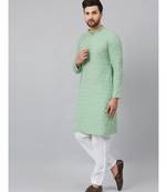 Men Green Chikankari Embroidered Woven Design Straight Kurta With Pyjama
