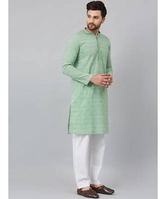 Men Green Chikankari Embroidered Woven Design Straight Kurta With Pyjama 2