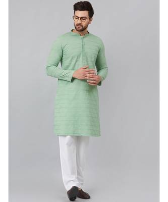Men Green Chikankari Embroidered Woven Design Straight Kurta With Pyjama 3