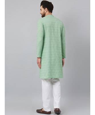 Men Green Chikankari Embroidered Woven Design Straight Kurta With Pyjama 4