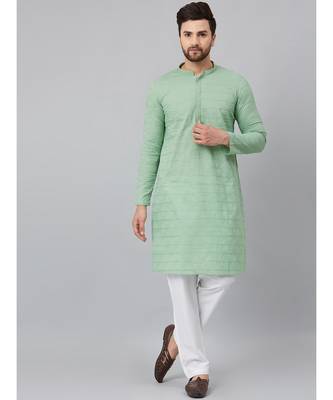 Men Green Chikankari Embroidered Woven Design Straight Kurta With Pyjama 6