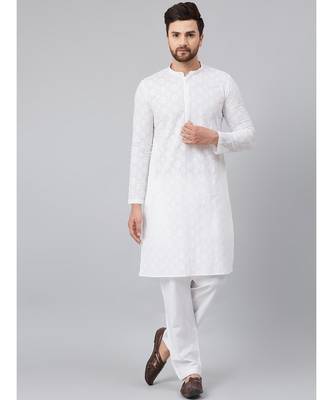 White Green Chikankari Embroidered Woven Design Straight Kurta With Pyjama 1
