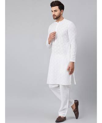 White Green Chikankari Embroidered Woven Design Straight Kurta With Pyjama 2