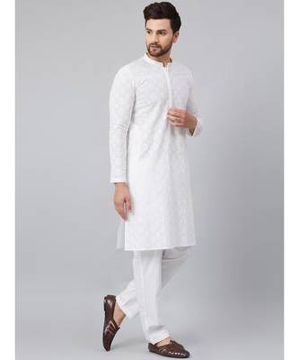 White Green Chikankari Embroidered Woven Design Straight Kurta With Pyjama 3