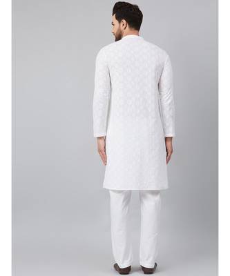 White Green Chikankari Embroidered Woven Design Straight Kurta With Pyjama 4