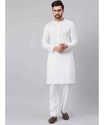 White Green Chikankari Embroidered Woven Design Straight Kurta With Pyjama 6