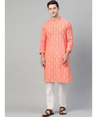 Men Peach & White Printed Straight Kurta With Pyjama 1