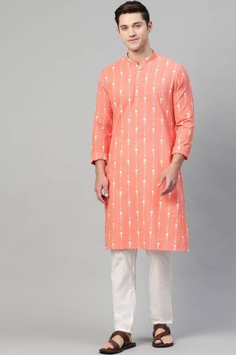 Men Peach & White Printed Straight Kurta With Pyjama