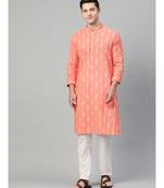Men Peach & White Printed Straight Kurta With Pyjama