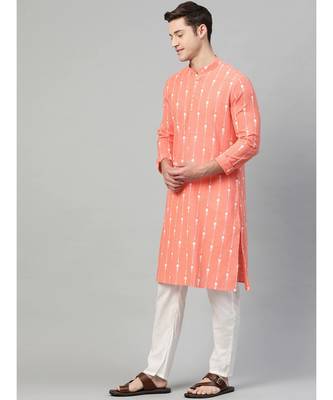 Men Peach & White Printed Straight Kurta With Pyjama 3