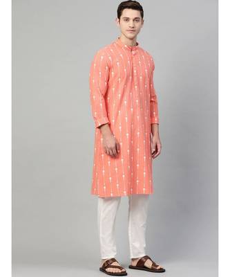 Men Peach & White Printed Straight Kurta With Pyjama 4