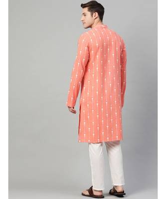 Men Peach & White Printed Straight Kurta With Pyjama 5