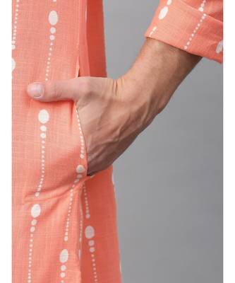 Men Peach & White Printed Straight Kurta With Pyjama 6