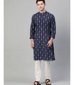 Men Navy Blue & White Printed Straight Kurta With Pyjama