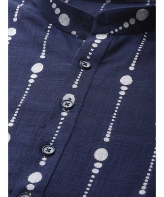 Men Navy Blue & White Printed Straight Kurta With Pyjama 2