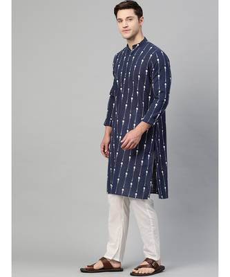 Men Navy Blue & White Printed Straight Kurta With Pyjama 3