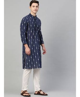Men Navy Blue & White Printed Straight Kurta With Pyjama 4