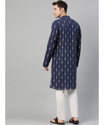 Men Navy Blue & White Printed Straight Kurta With Pyjama 5
