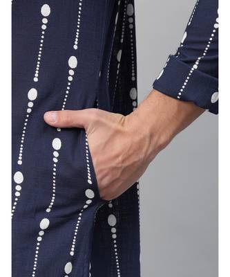 Men Navy Blue & White Printed Straight Kurta With Pyjama 6