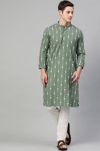 Green & White Printed Straight Kurta With Pyjama