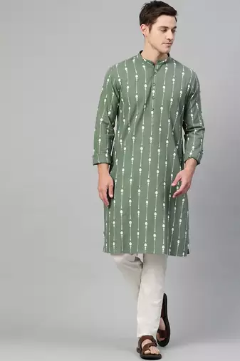 Green & White Printed Straight Kurta With Pyjama