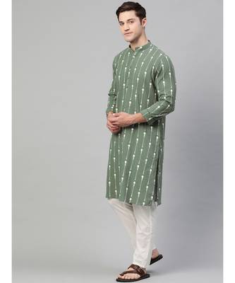Green & White Printed Straight Kurta With Pyjama 3