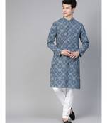 Men Blue Indigo Hand Block Print Straight Sustainable Kurta With Pyjama