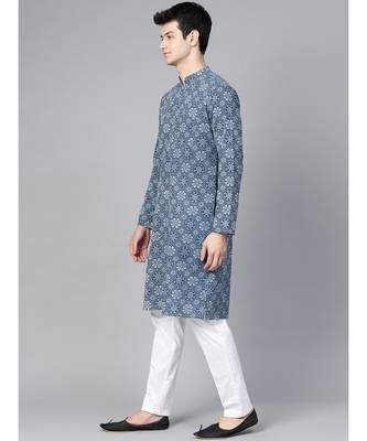 Men Blue Indigo Hand Block Print Straight Sustainable Kurta With Pyjama 3