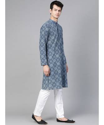 Men Blue Indigo Hand Block Print Straight Sustainable Kurta With Pyjama 4