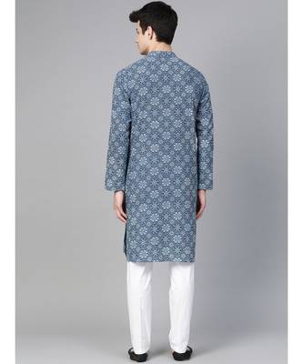 Men Blue Indigo Hand Block Print Straight Sustainable Kurta With Pyjama 5