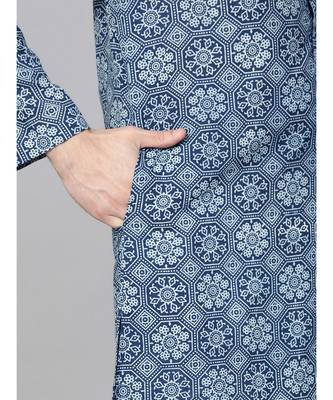 Men Blue Indigo Hand Block Print Straight Sustainable Kurta With Pyjama 6