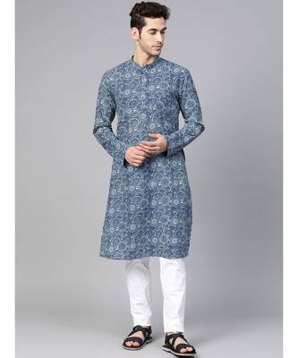 Men Blue Indigo Hand Block Print Straight Sustainable Kurta With Pyjama 1