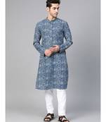 Men Blue Indigo Hand Block Print Straight Sustainable Kurta With Pyjama
