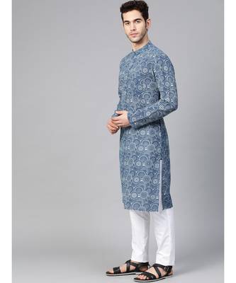 Men Blue Indigo Hand Block Print Straight Sustainable Kurta With Pyjama 3