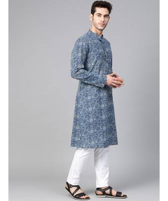 Men Blue Indigo Hand Block Print Straight Sustainable Kurta With Pyjama 4