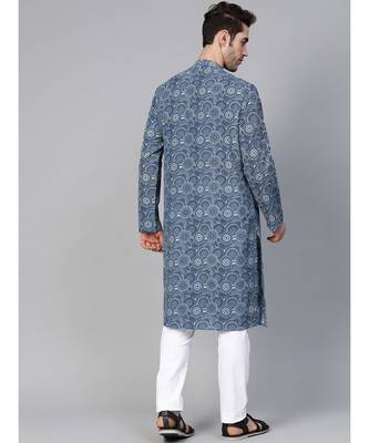 Men Blue Indigo Hand Block Print Straight Sustainable Kurta With Pyjama 5