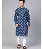 Men Blue Indigo Hand Block Print Straight Sustainable Kurta With Pyjama