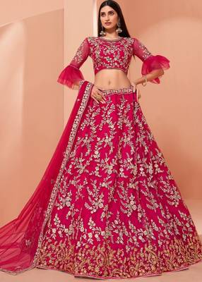 Pink embroidered net semi stitched lehenga 1