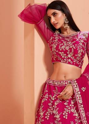 Pink embroidered net semi stitched lehenga 2