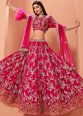 Pink embroidered net semi stitched lehenga 3