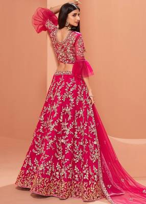 Pink embroidered net semi stitched lehenga 4