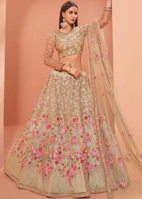 Light-green embroidered net semi stitched lehenga 1