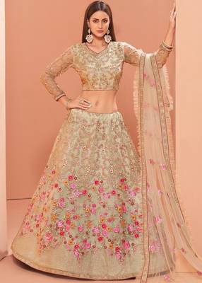 Light-green embroidered net semi stitched lehenga 2