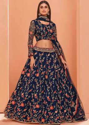 Blue embroidered net semi stitched lehenga 1