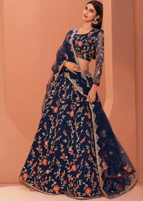 Blue embroidered net semi stitched lehenga 2